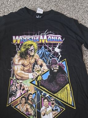 WWE Black WrestleMania Graphic Tee with Neon Artwork